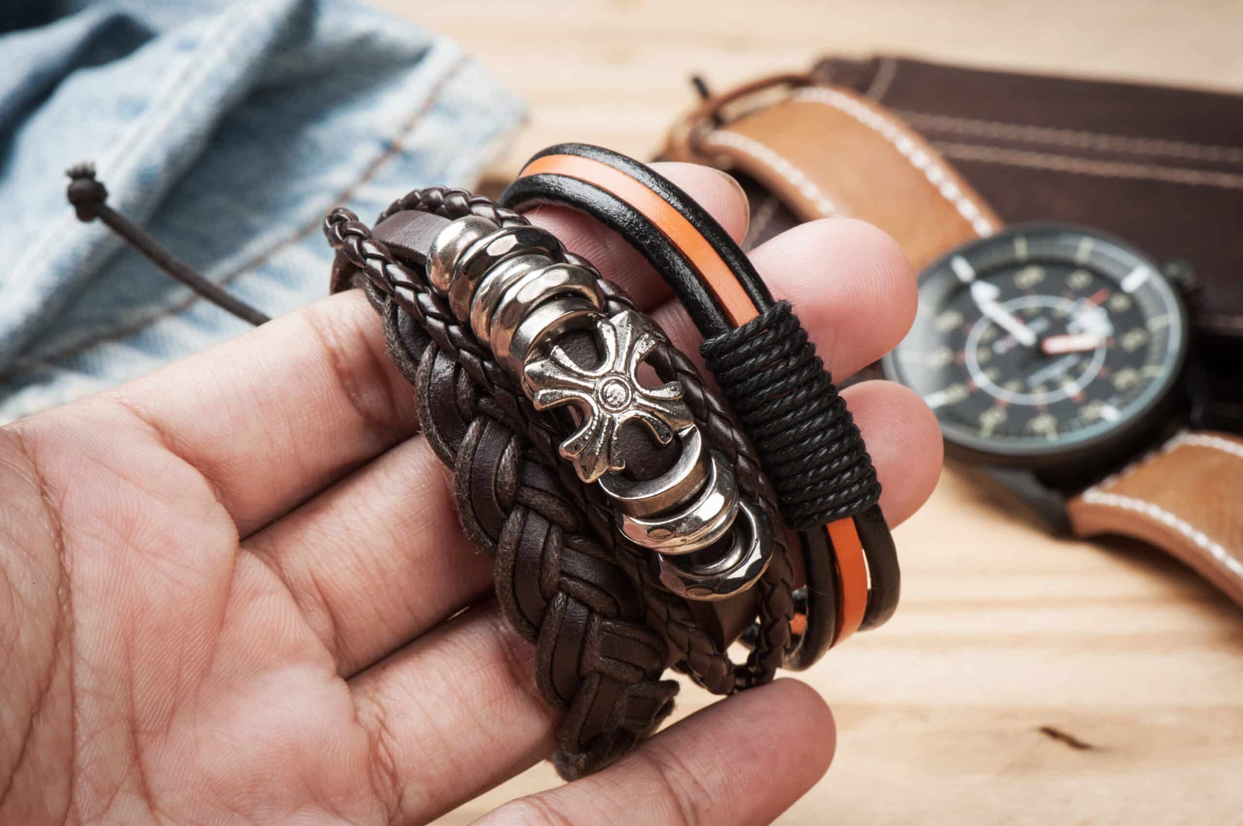 closeup men leather bracelet, men accessories and fashion